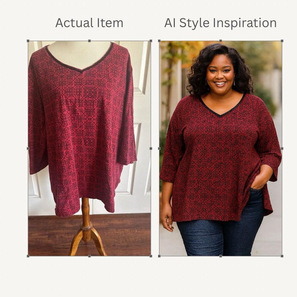Catherines Plus Size 3X Knit Tunic Top Red Black Geometric Print Stretch V-Neck